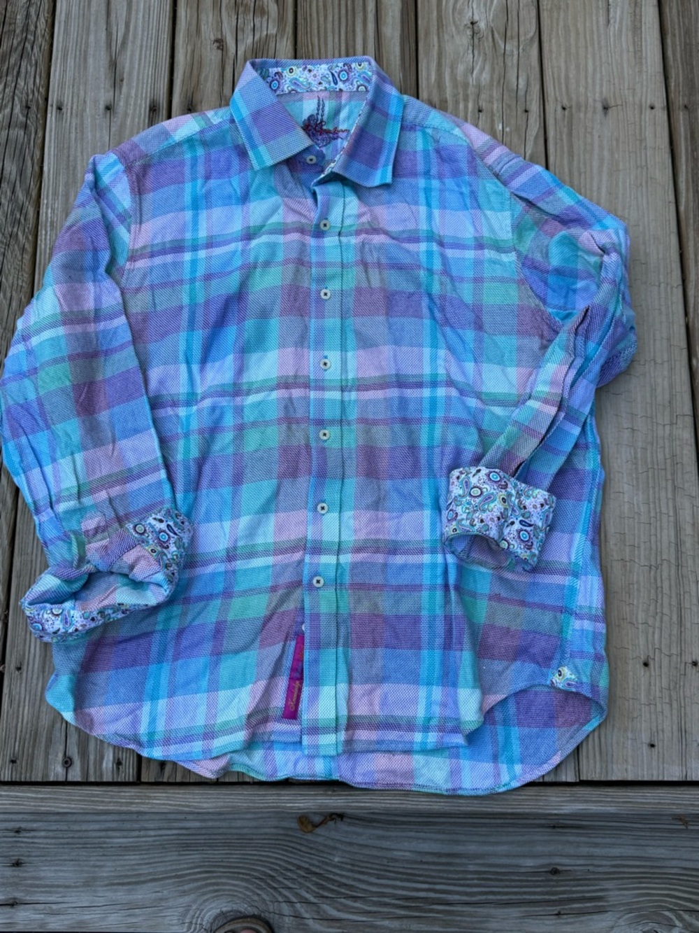 Robert Graham Men’s Plaid Button-Down Shirt in Aqua, Lavender & Mint 2xl